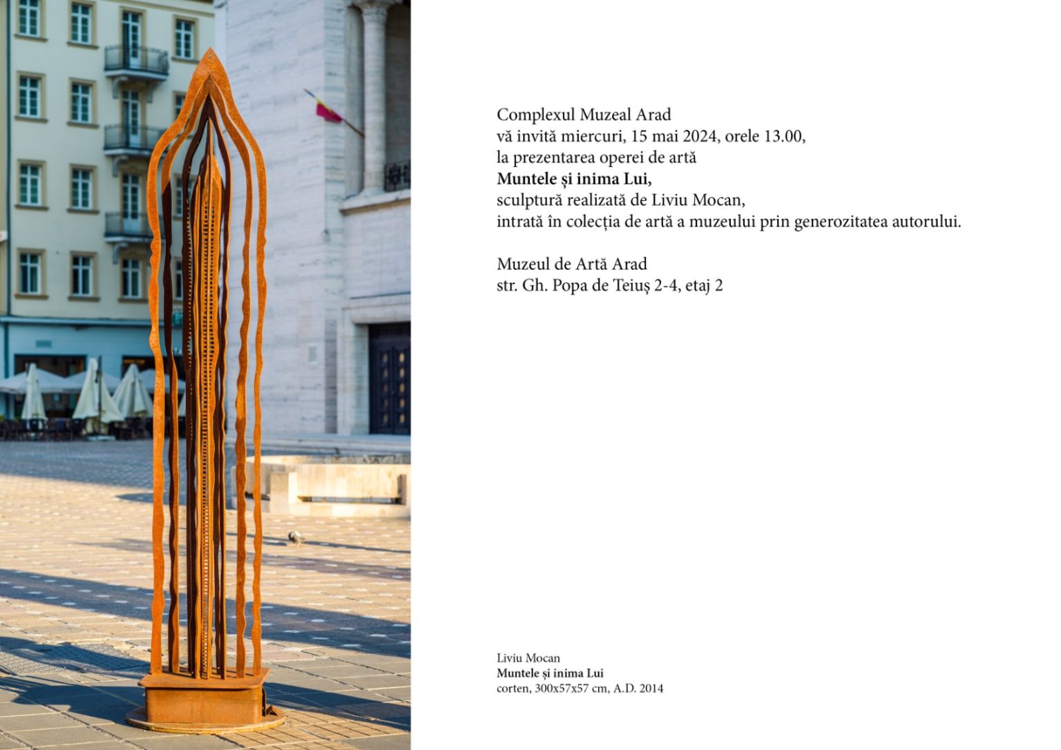 Sculptura „Muntele și inima Lui” realizată de Liviu Mocan va fi expusă la Complexul Muzeal Arad