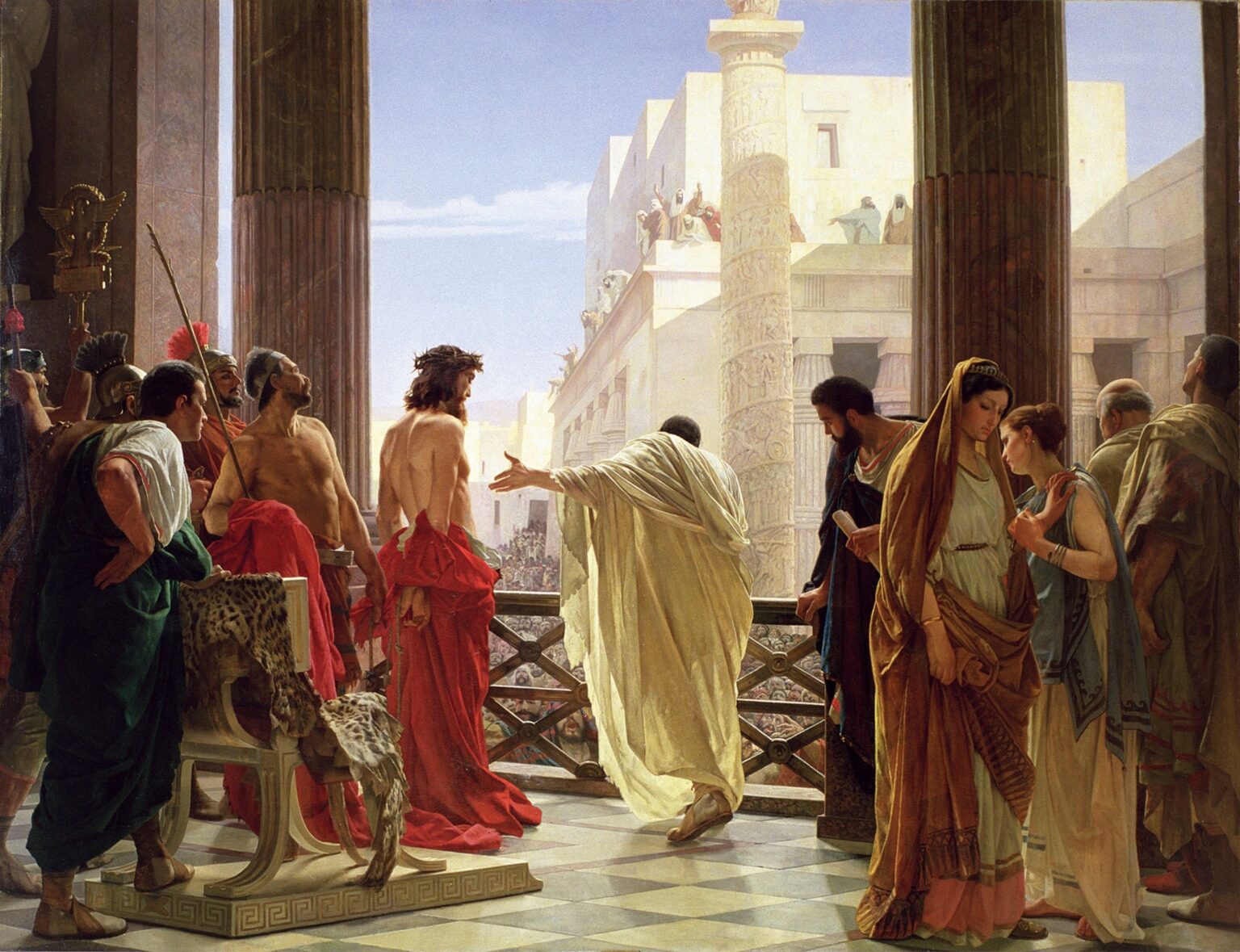 Ecce Homo („Iată, Omul!”). O pictură de Antonio Ciseri. În această imagine, Pilat îl prezintă pe Isus, biciuit și îmbrăcat cu o hlamidă, mulțimii, în dreapta lui Pilat fiind soția îndoliată a acestuia.