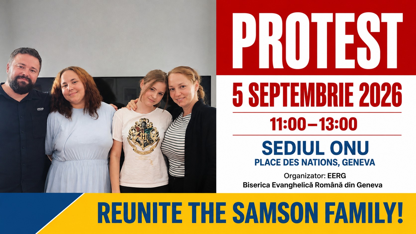 Afișul protestului organizat pe 5 septembrie 2026, &icirc;n Place des Nations din Geneva, pentru susținerea Sarei și Tianei Samson.